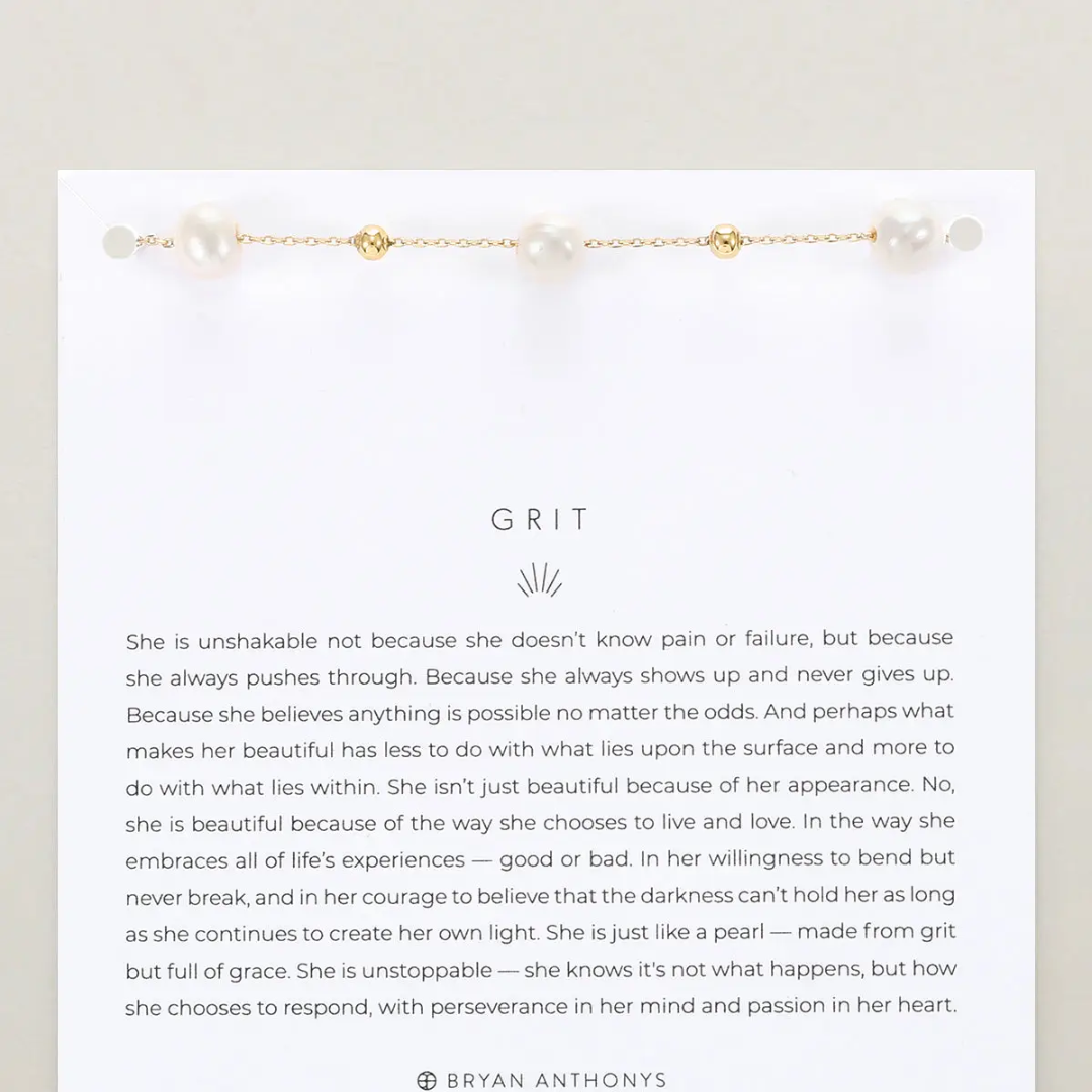Text on a white background with a gold chain and pearls at the top.
