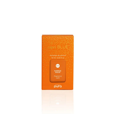 Puro Capri Blue Pumpkin Dolce fragrance recharge de parfum in an orange rectangular box with a small window showing the amber bottle inside, on a white background with a reflection.