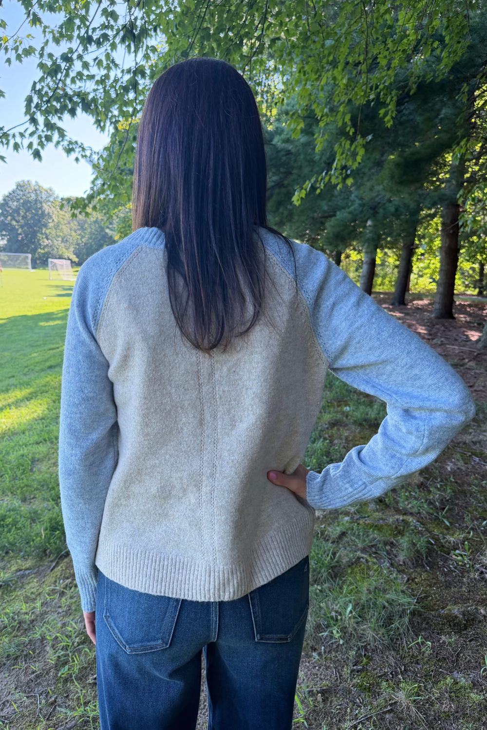 A person standing outdoors in a park wearing a light beige knit sweater vest with light blue raglan sleeves and blue jeans, viewed from behind.