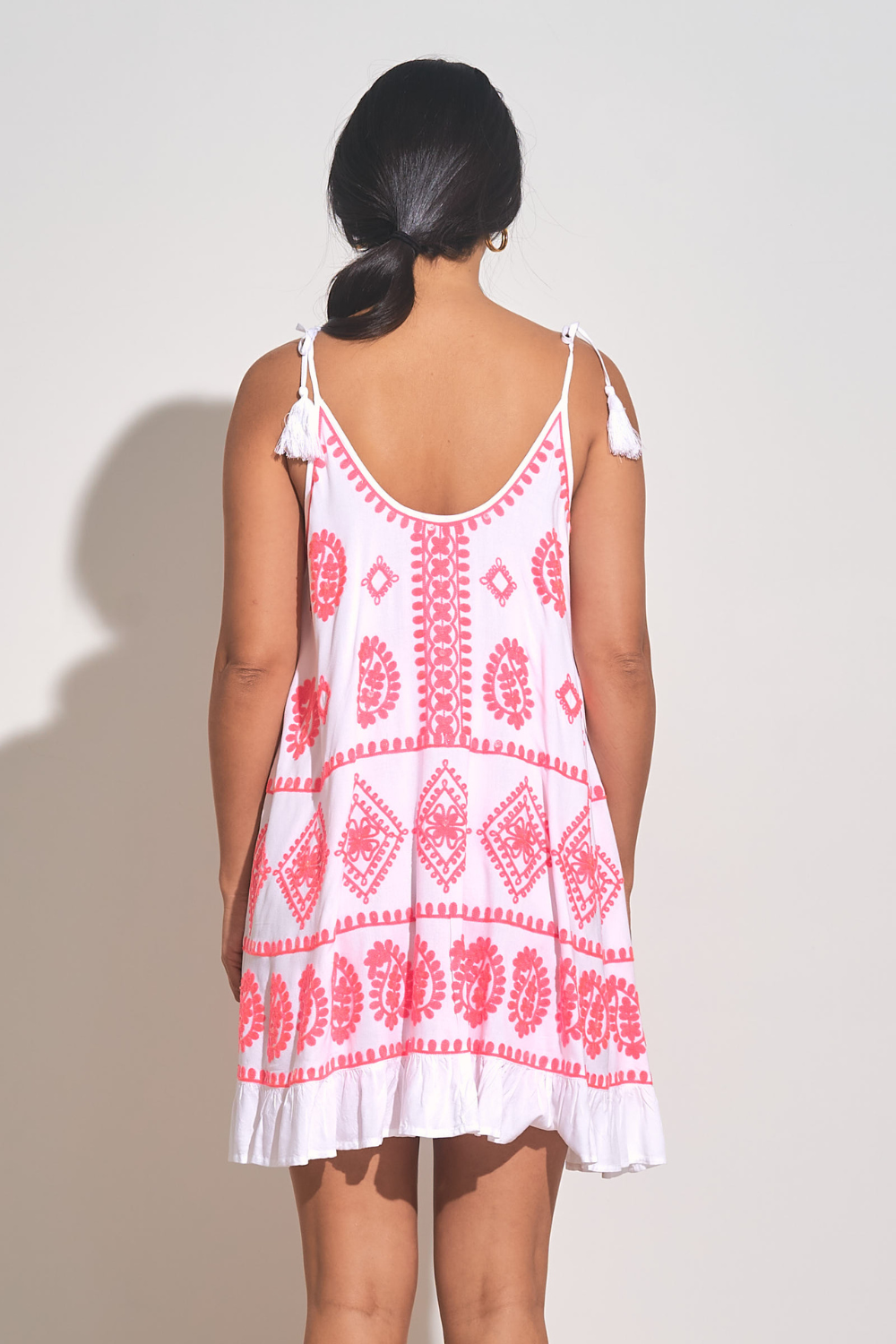 Elan Embroidered Dress w/ Tassels - Neon Pink