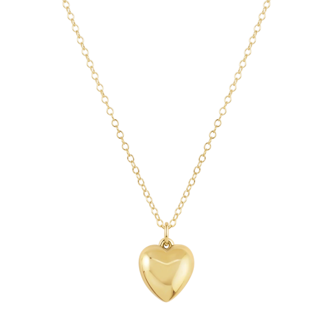 Gold heart-shaped pendant necklace on a white background