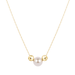 A delicate gold chain necklace featuring a central white pearl flanked by two small polished gold beads, set against a solid white background.