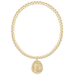 gold beaded braclet with gold american flag charm against white background