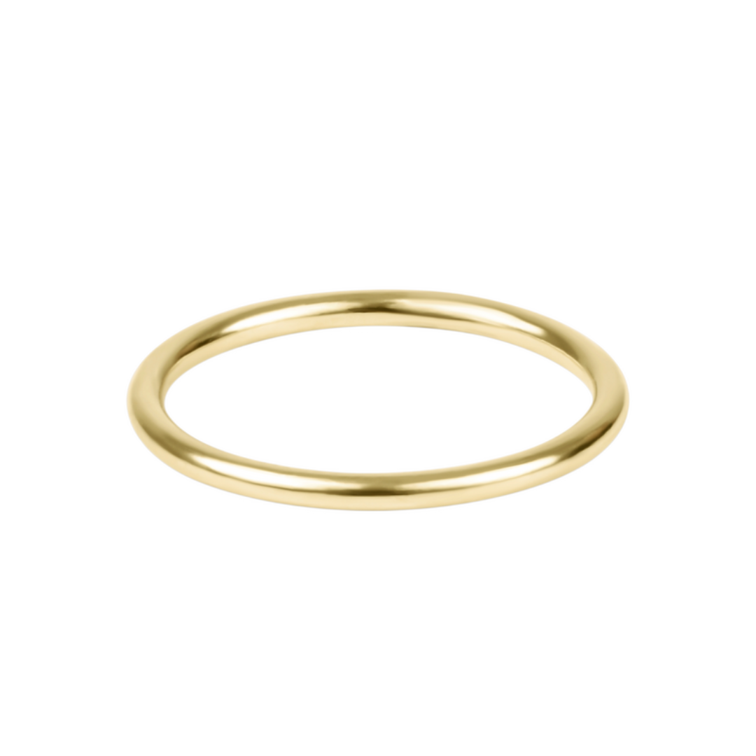 A thin, polished yellow gold band ring shown on a plain white background.