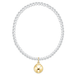 A beaded necklace featuring a circular arrangement of small, polished silver-toned beads with a single, smooth gold-toned spherical pendant hanging from the bottom center.