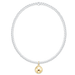 A silver beaded necklace with a polished gold bell-shaped pendant, displayed on a clean white background.