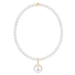 A classic pearl necklace with a single large pearl pendant, accented by gold-toned metal findings at the clasp and pendant cap, shown on a solid white background.