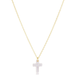 A delicate gold chain necklace with a small, polished white cross pendant, displayed against a solid white background.