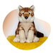 wolf plush on yellow blanket in front of brown and white background