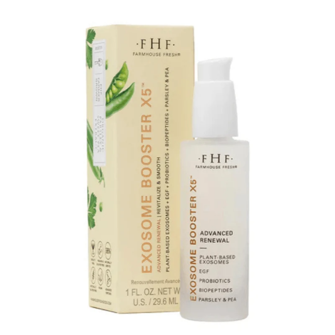 Farmhouse Fresh Exosome Booster X5 skincare product with packaging on a white background