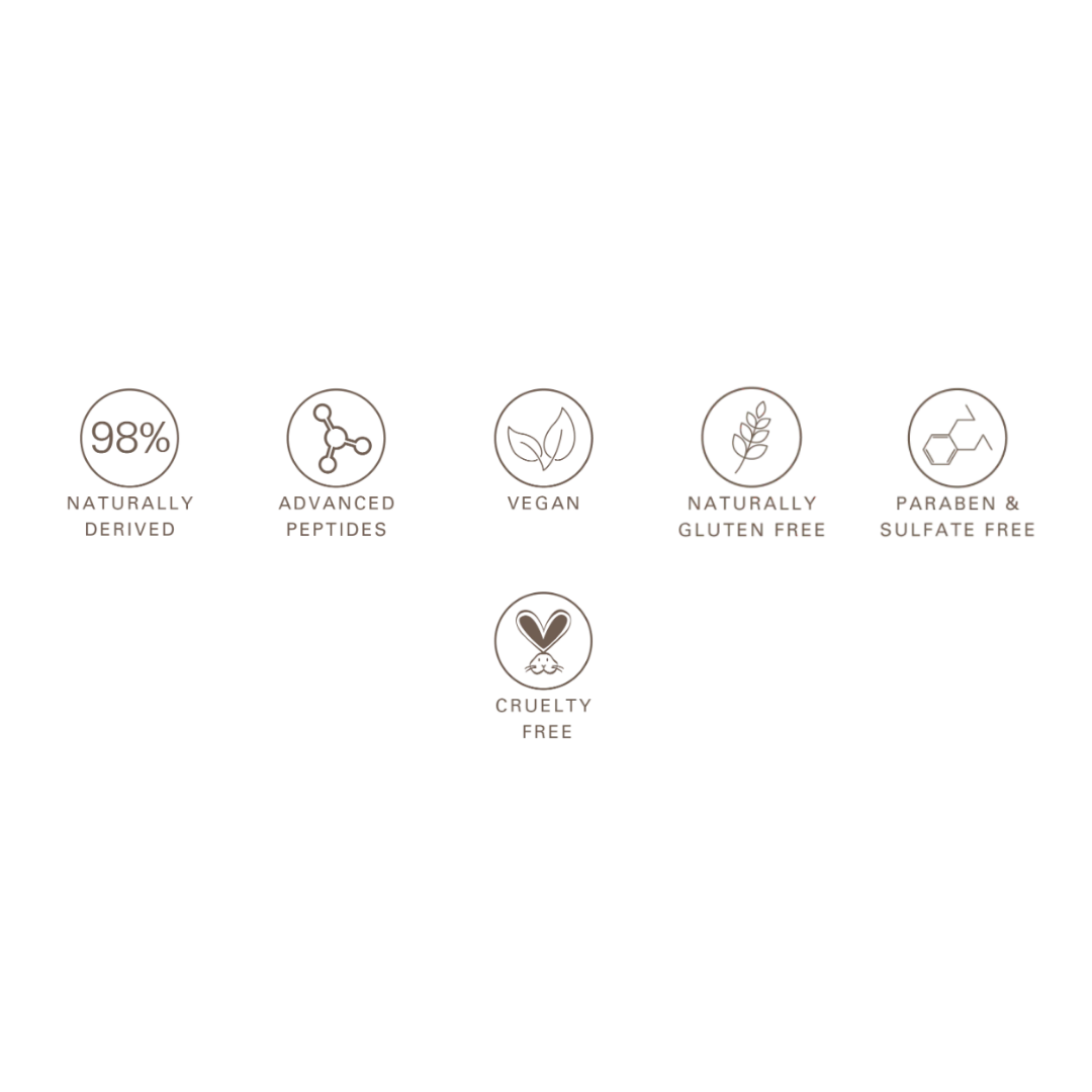 A set of five circular icons with text on a plain white background, including '98% Naturally Derived', 'Advanced Peptides', 'Vegan', 'Naturally Gluten Free', 'Paraben & Sulfate Free', and 'Cruelty Free'.