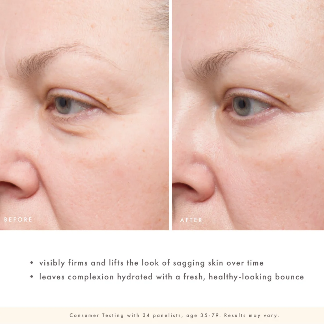 Before-and-after comparison of a woman's eye area showing sagging skin improvement, with text below describing lifting and hydration benefits and a note about consumer testing.