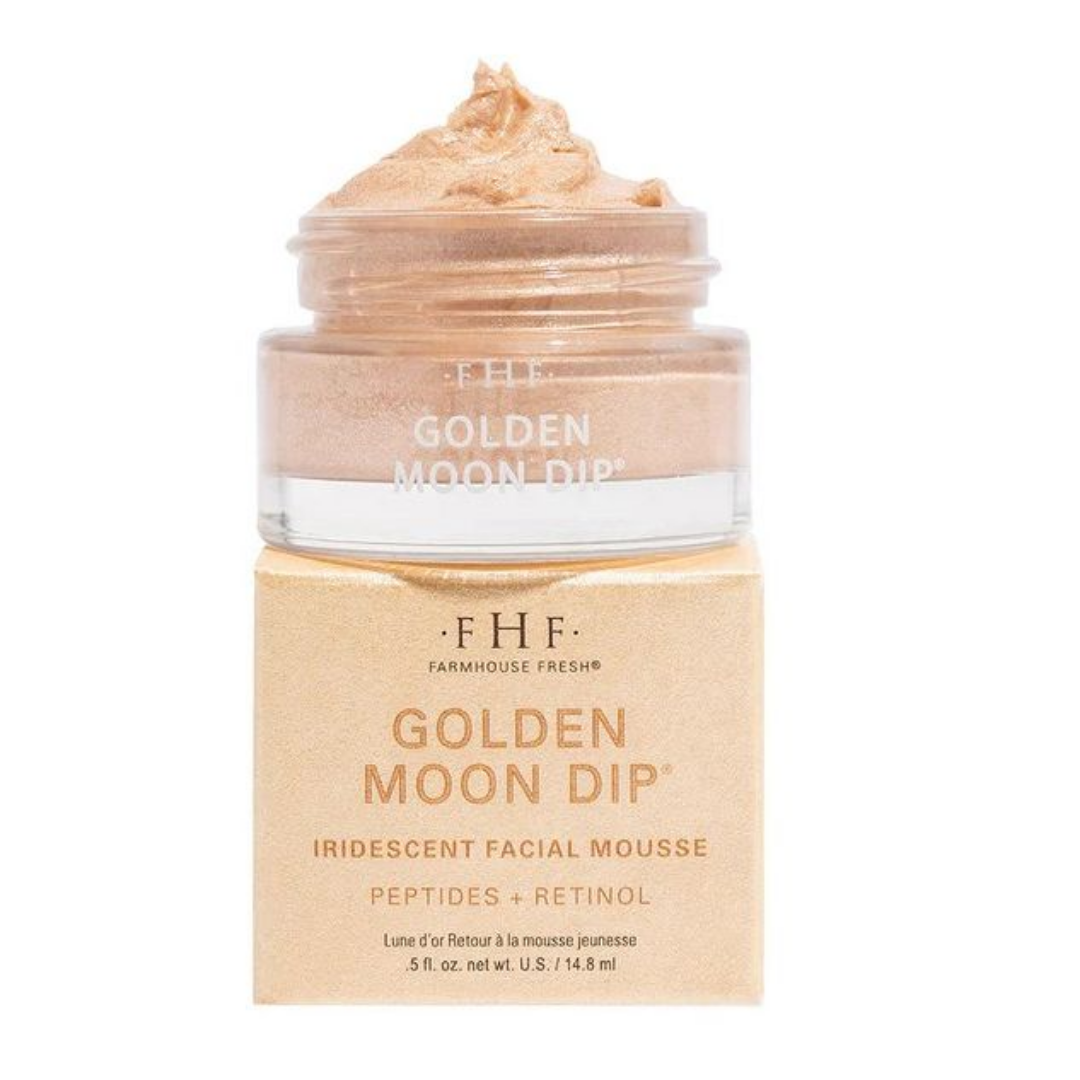 FHF Farmhouse Fresh Golden Moon Dip Iridescent Facial Mousse in a clear jar with a beige paper label, shown with the product swirled on top against a white background.