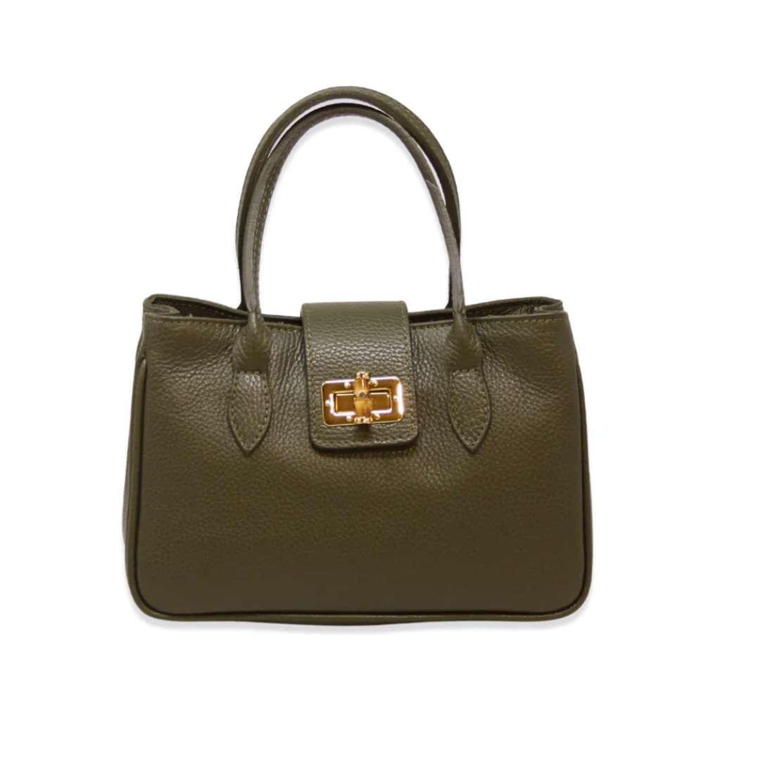 Green handbag with a gold clasp on a white background