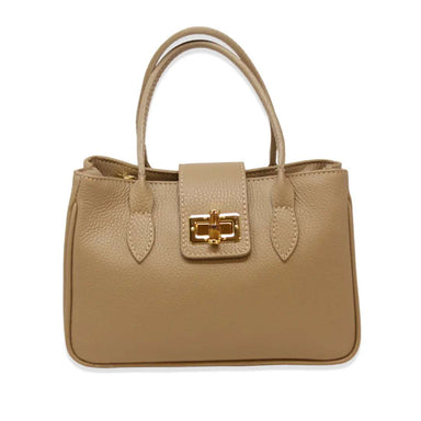 Beige handbag with a gold clasp on a white background