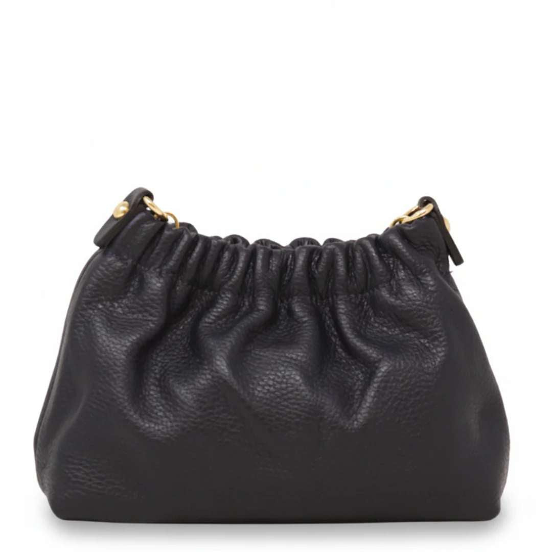 navy leather handbag with gold hardware on a white background