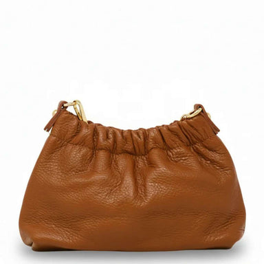 Brown leather handbag with a gold zipper on a white background