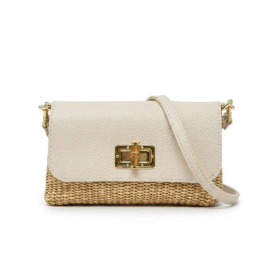 White handbag with gold clasp and straw-like texture on a white background