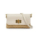 White handbag with gold clasp and straw-like texture on a white background