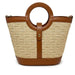 Beige woven handbag with brown leather accents on a white background