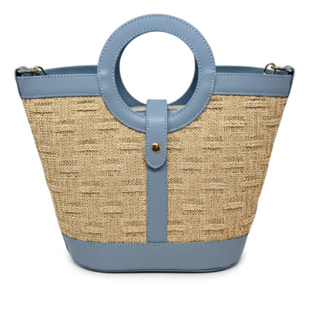 Woven handbag with blue accents on a white background