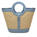 Woven handbag with blue accents on a white background