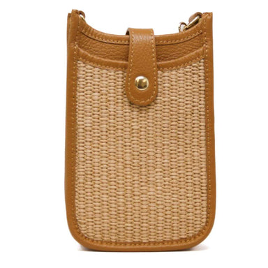 bag with woven design and brown leather accents on a white background