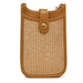 bag with woven design and brown leather accents on a white background