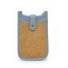bag with straw texture and blue leather trim on a white background