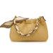 Woven handbag with a decorative strap on a white background