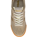 A top-down view of a beige suede gola sneaker with white laces, gold 'Gola' branding on the tongue, and an orange outsole, shown against a plain white background.