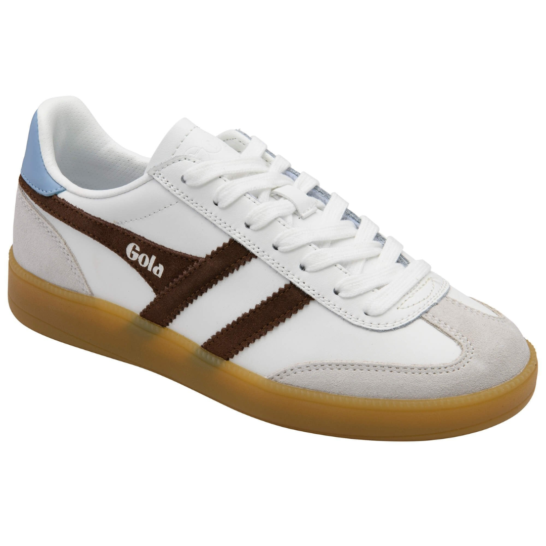 White sneaker with brown stripes and gold sole on a white background