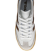 A top-down view of a white leather sneaker with brown suede side stripes and a gum sole, featuring the Adidas logo on the inner sole.