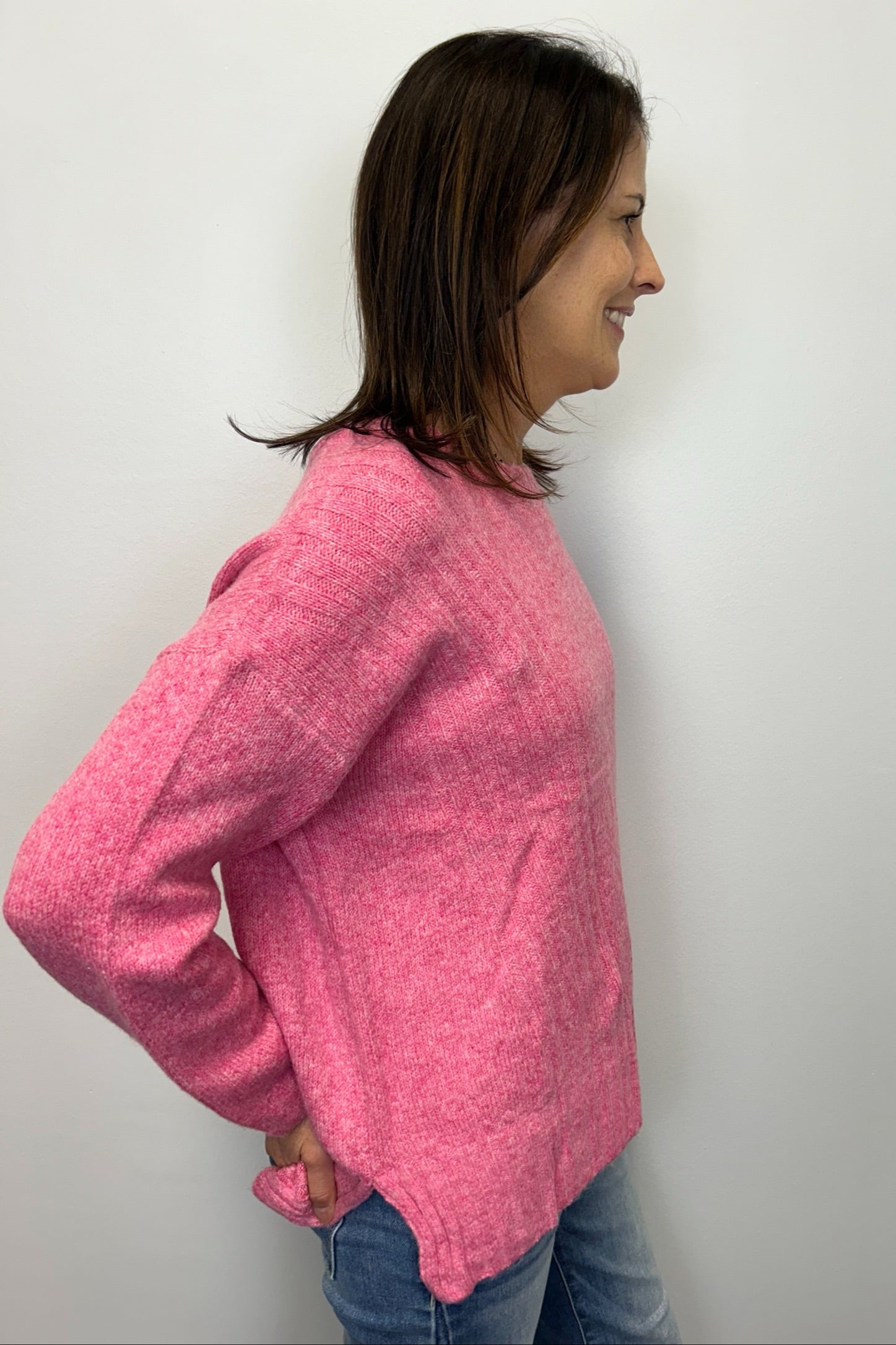 Crew Sweater w/ Ribbed Details - Fuchsia