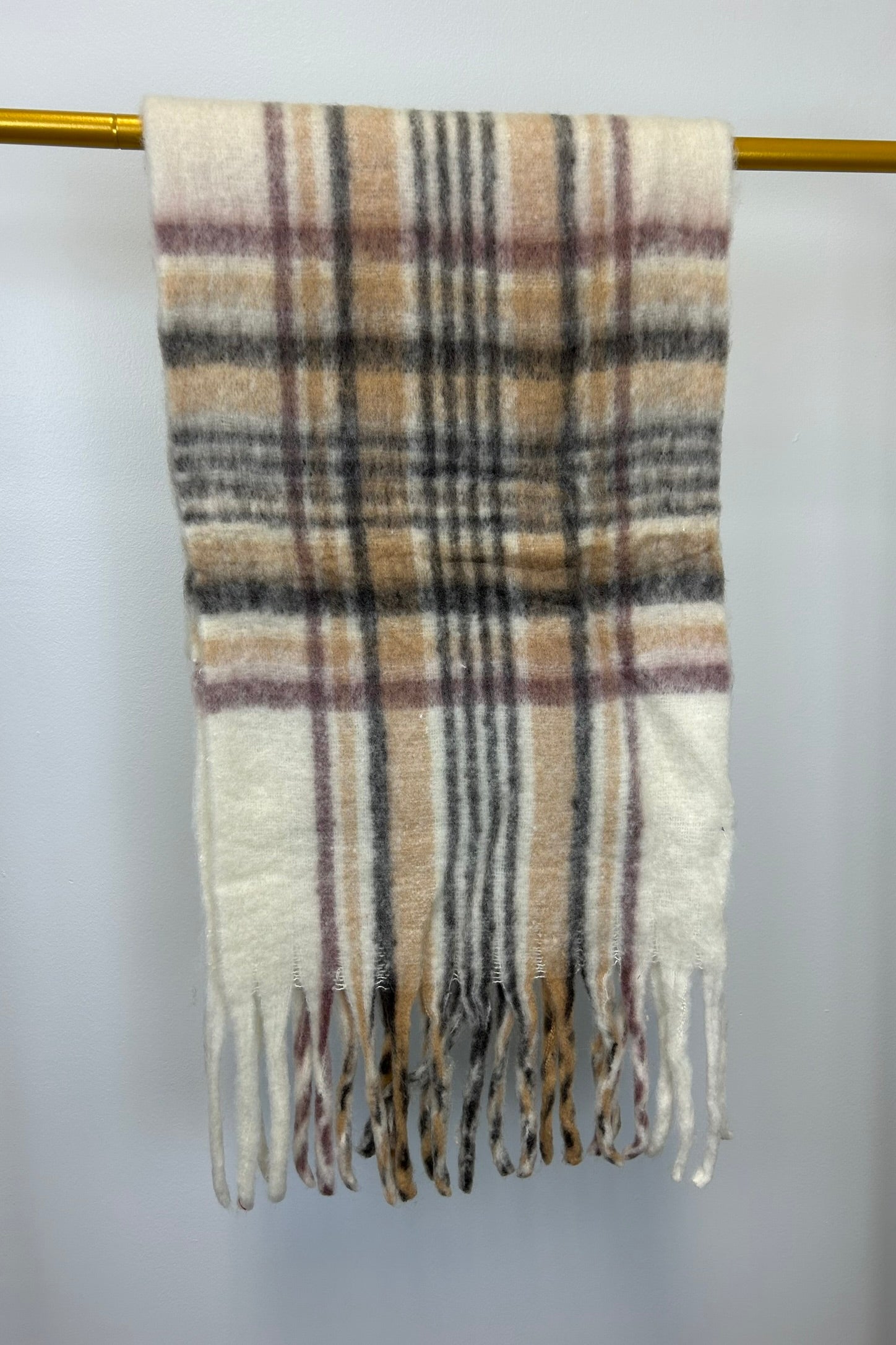 Very Moda Boho Madras Plaid Scarf - Beige