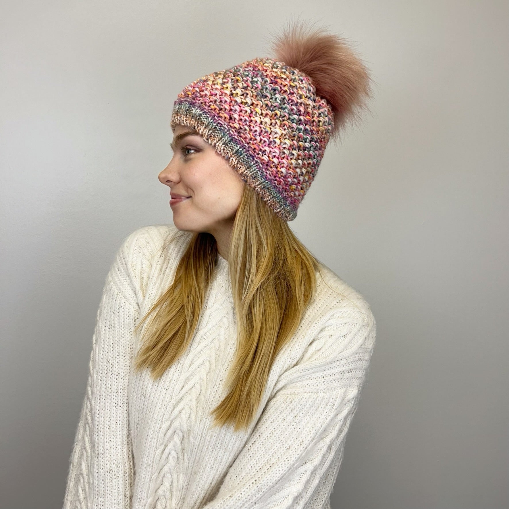 Beanie w/ Faux Fur Pom - Rainbow