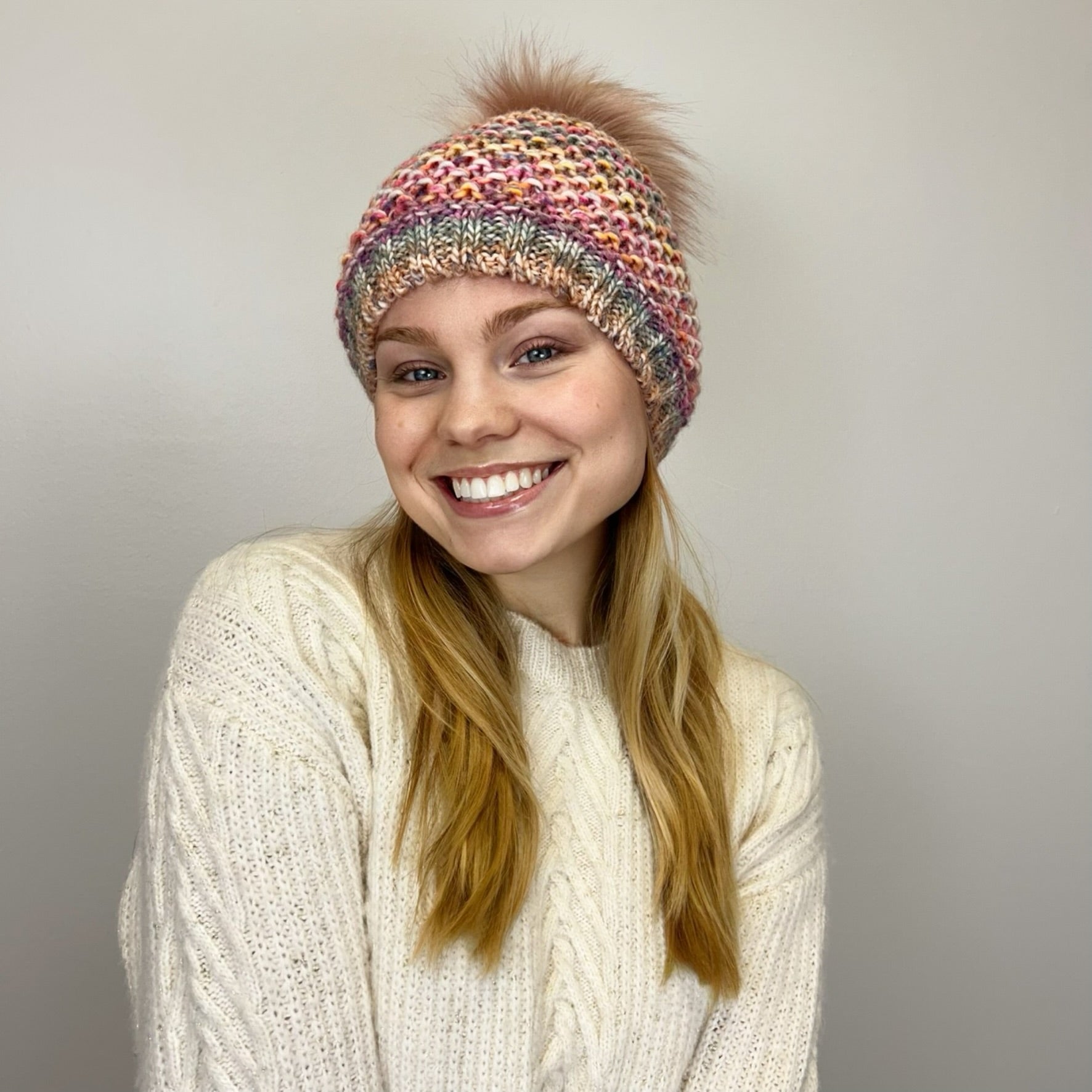 Beanie w/ Faux Fur Pom - Rainbow