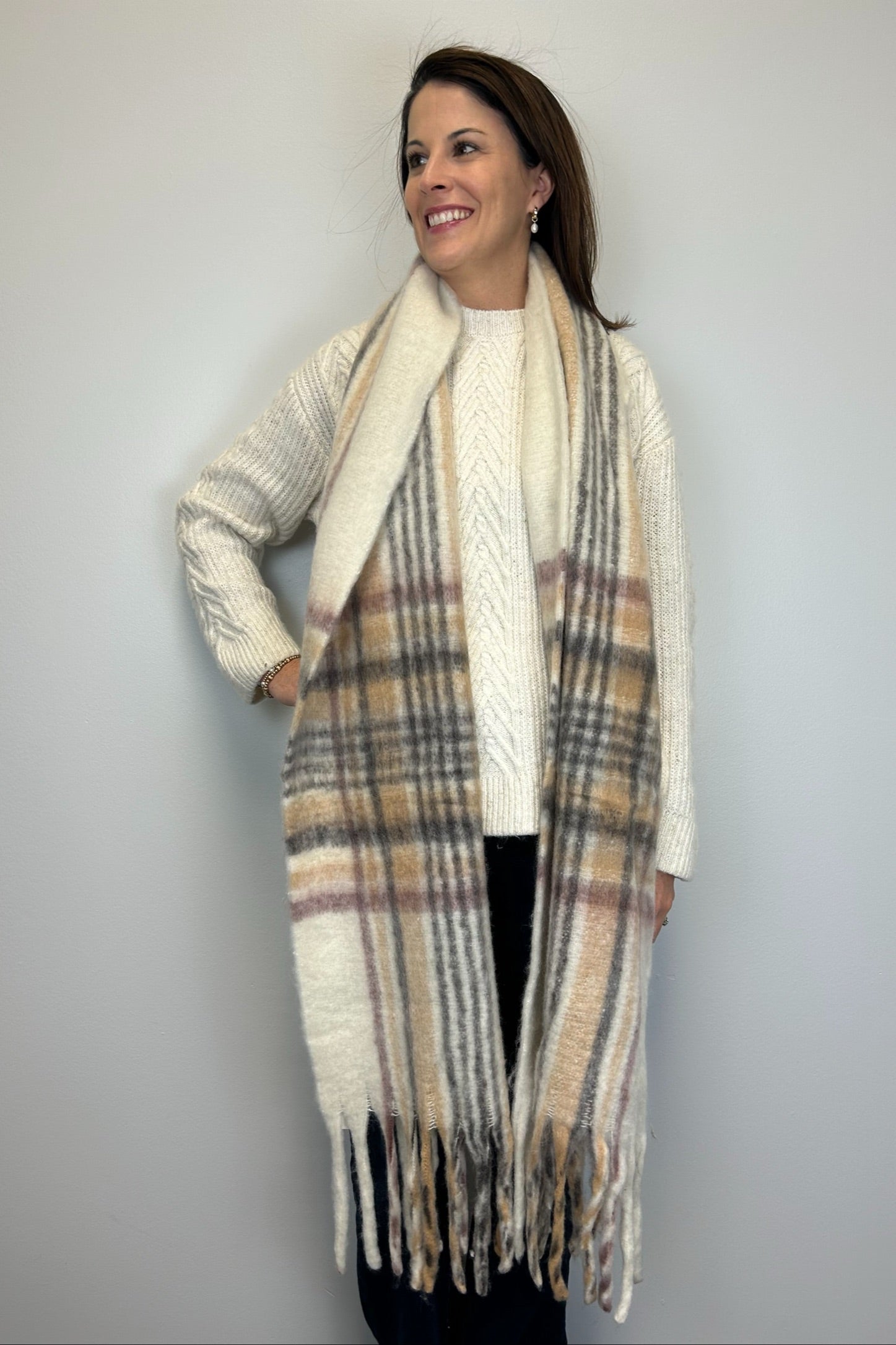 Very Moda Boho Madras Plaid Scarf - Beige