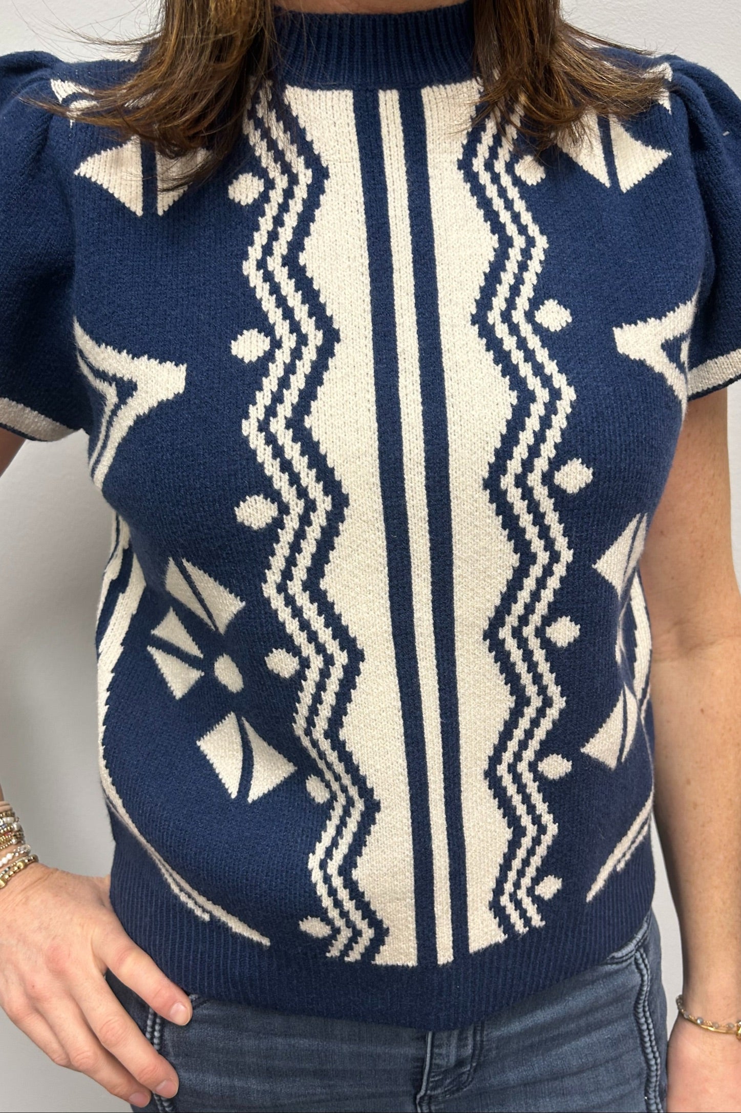 THML Blue and White Knit Top