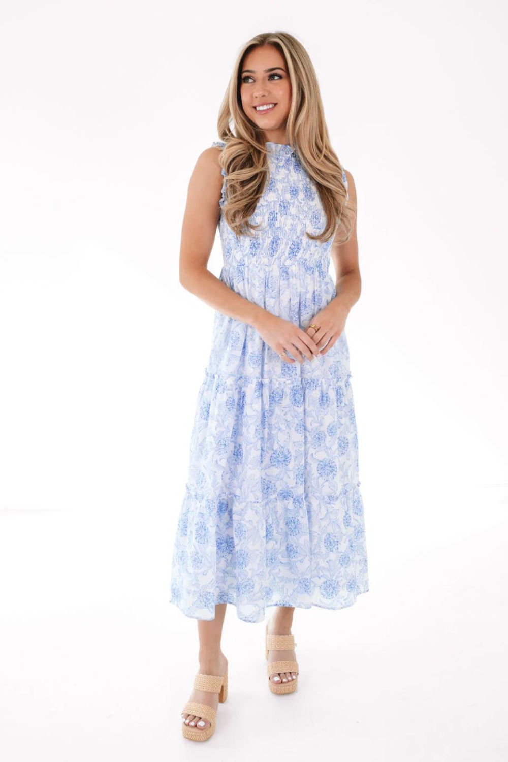 J. Marie Palmer Ruched Midi Dress - White & Blue