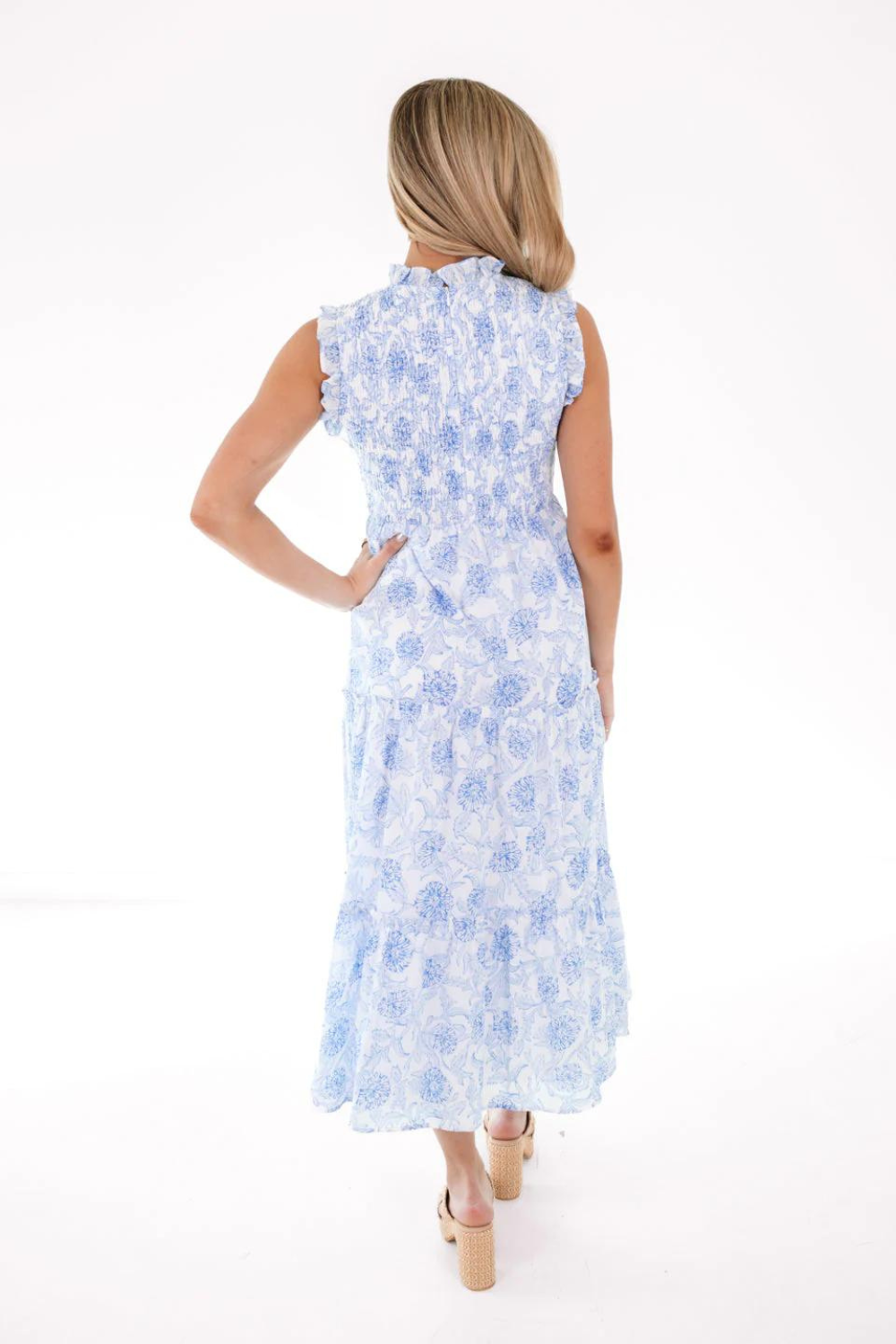 J. Marie Palmer Ruched Midi Dress - White & Blue