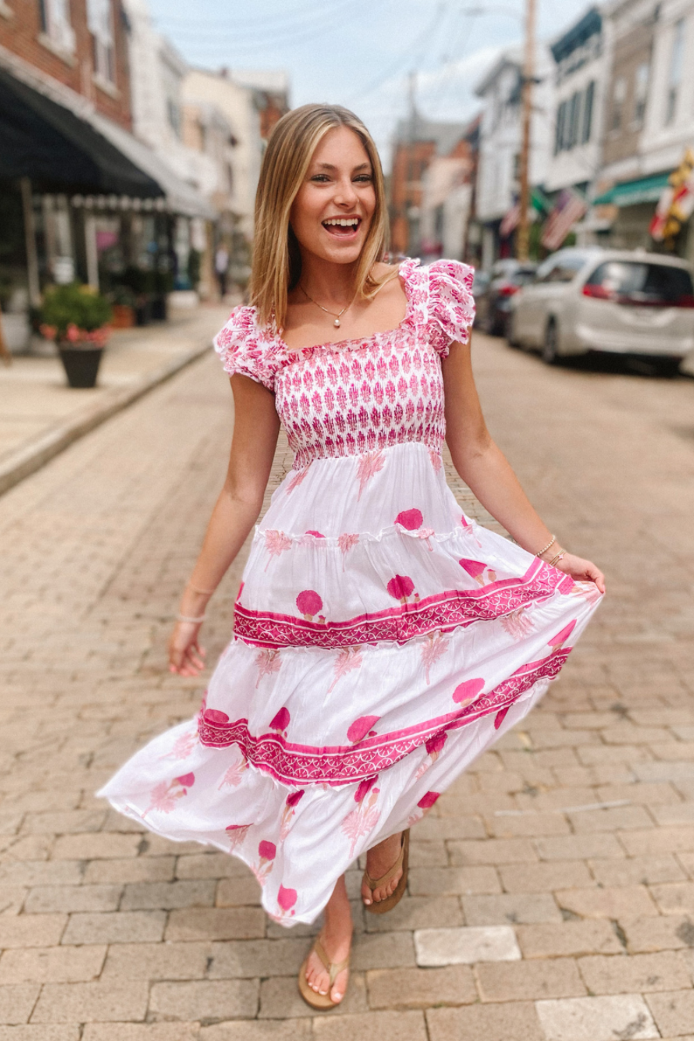 J. Marie Rhode Ruffle Strap Midi Dress - White & Pink