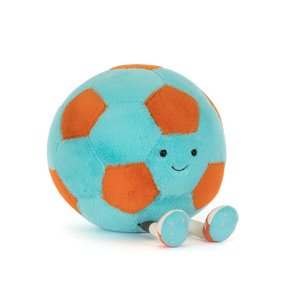 Blue and orange plush soccer ball with a smiling face, front view