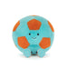 Smiling blue and orange plush soccer ball on a white background