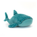 Jellycat Gobfrey Whale Shark is a teal whale shark with white speckles and a corduroy belly. Front facing laying down