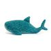 Jellycat Gobfrey Whale Shark is a teal whale shark with white speckles and a corduroy belly. Side facing laying down