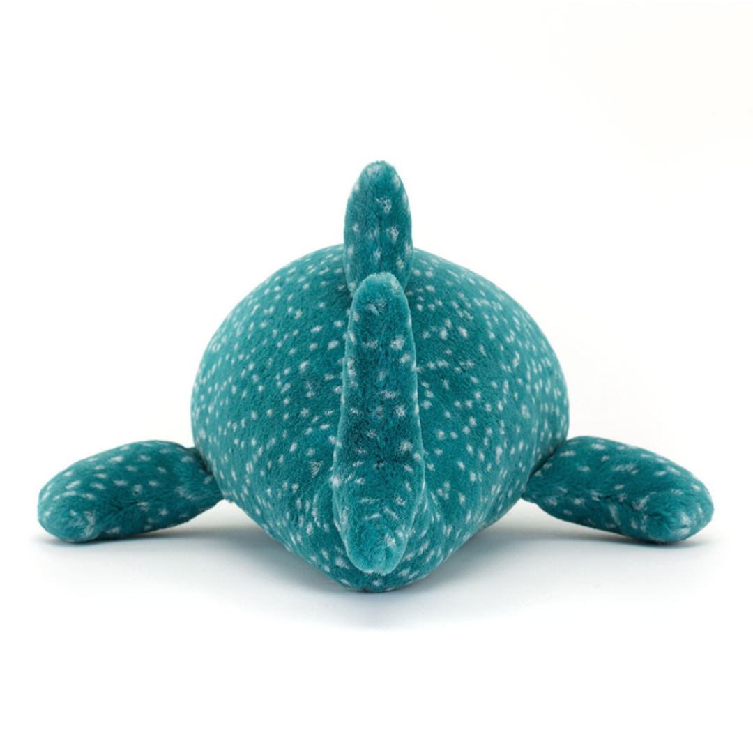 Jellycat Gobfrey Whale Shark is a teal whale shark with white speckles and a corduroy belly. Back facing laying down