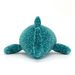 Jellycat Gobfrey Whale Shark is a teal whale shark with white speckles and a corduroy belly. Back facing laying down