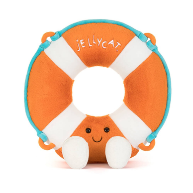 Plush toy life preserver with a smiling face on a white background, branded with 'Jellycat'.