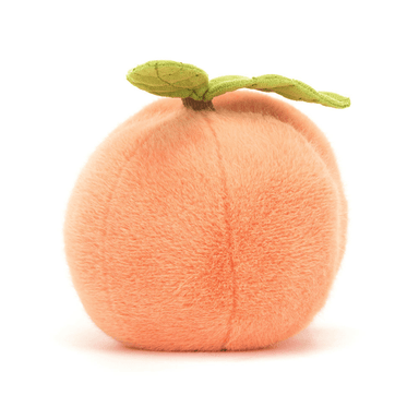 Plush peach toy with green stem on white background